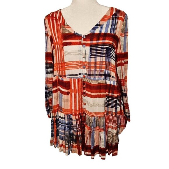 Maeve Anthropologie Lila Tiered Tunic Medium Boho Western Plaid  Top Red Blue - Picture 3 of 10
